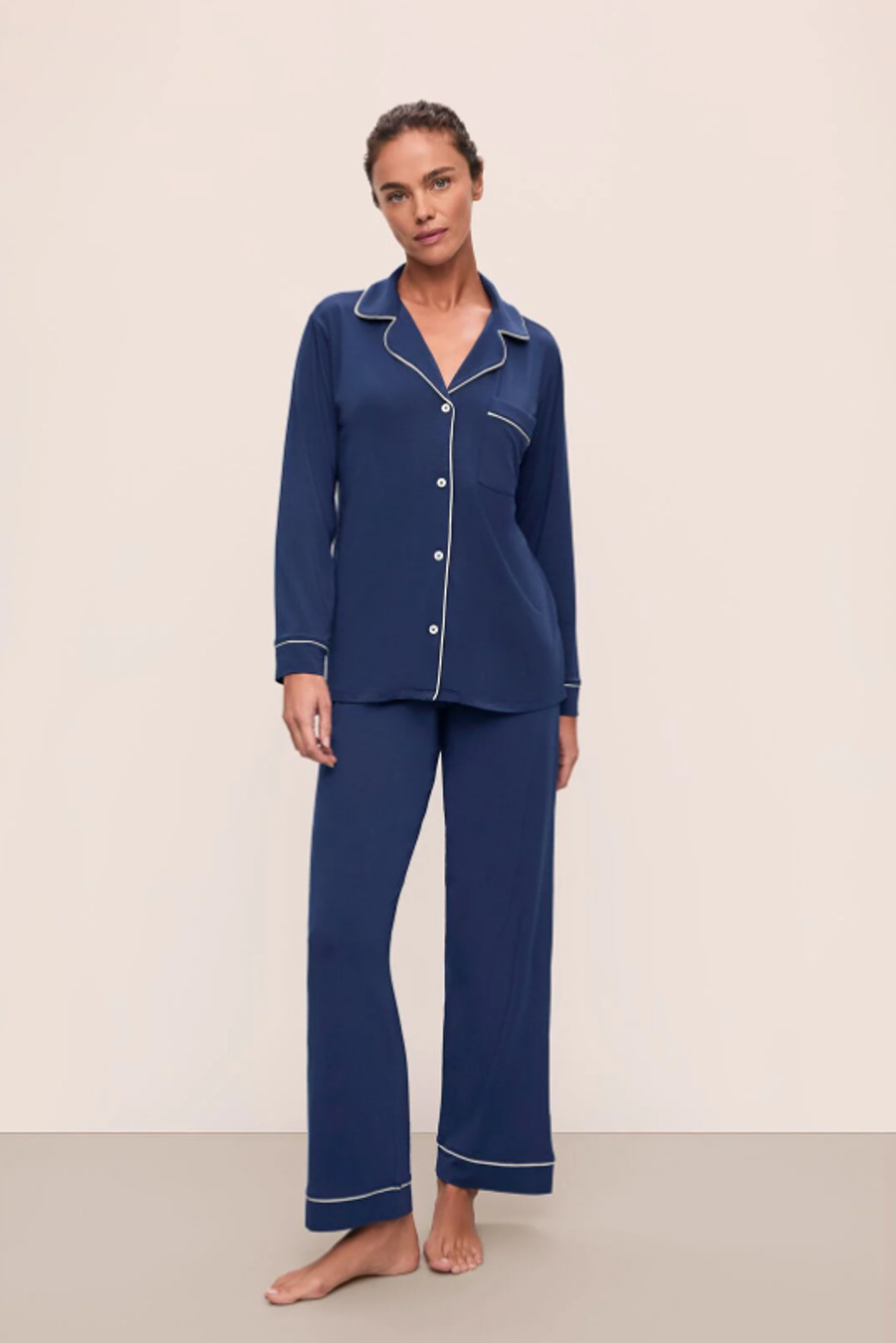 EBERJEY Womens Gisele Long PJ Set Small Navy Blue Ivory TENCEL Modal NWOT